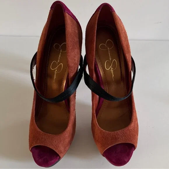 Women’s Suede Peep Toe Heels Size 8.5 M Orange Black Pink Color block Formal - Picture 8 of 14